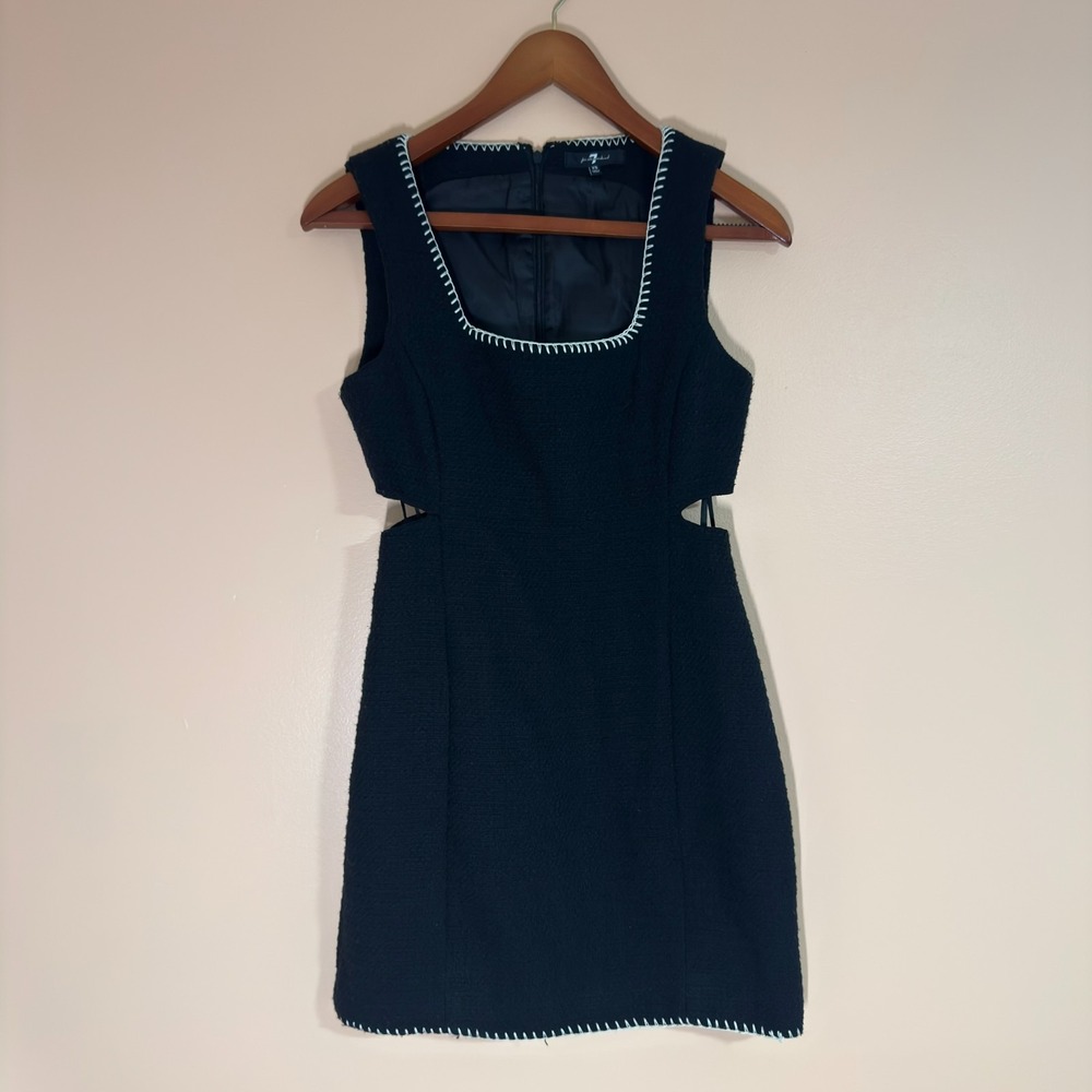 7 For All Mankind Women'a Large Preppy Beige Tweed Cutout square-neck Mini Dress